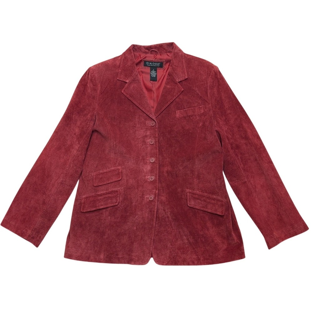 Dialogue Suede Leather‎ Blazer Womens 14 Red Button Front Long Sleeve Lined